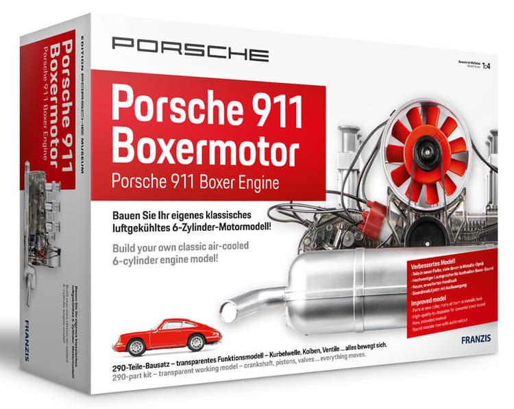 FRANZIS 67140 - Porsche 911 Boxermotor. 290-Teile-Bausatz, transparentes Funktionsmodell, bewegliche Kurbelwelle, Kolben und Ventile, inkl. reich bibldertem Handbuch