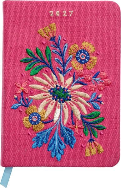 Taschenkalender A6 2027: Blütenmotiv, bestickt, pink