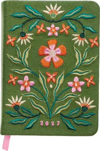Taschenkalender A6 2027: Blütenmotiv, bestickt, grün