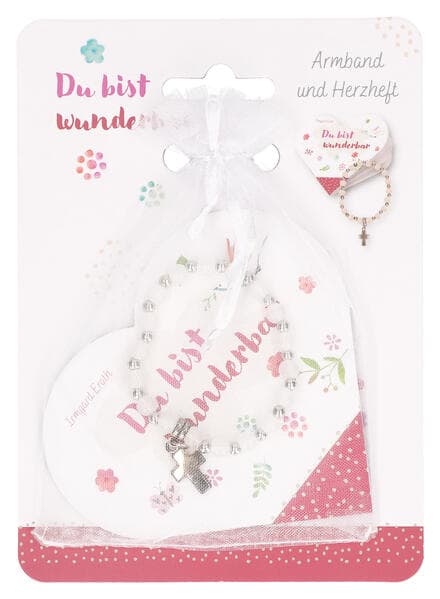 Stretch-Armband mit Kreuz und rosa Perlen: Du bist wunderbar