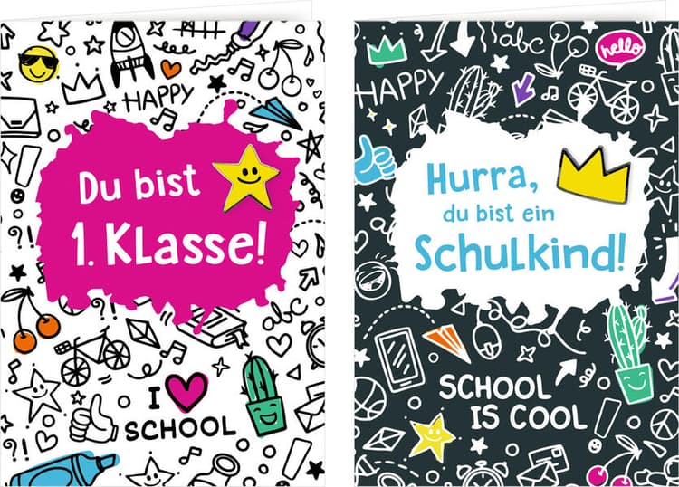 Grußkarte mit Wegbegleiter-Pin – Du bist 1. Klasse / Hurra, du bist ein Schulkind!
