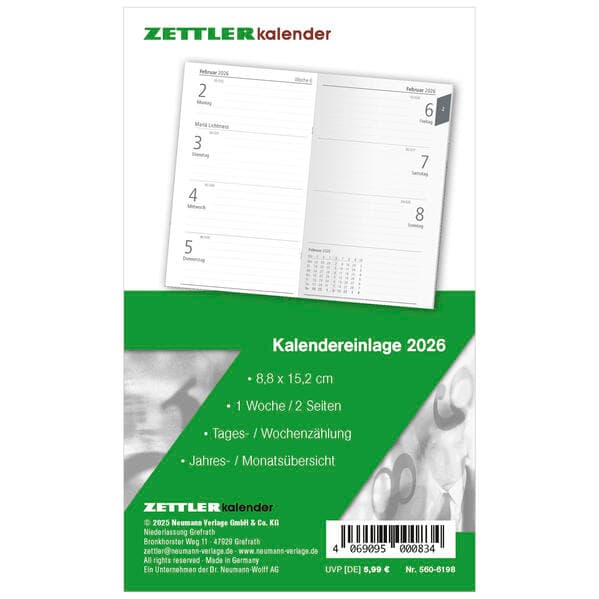 Kalender-Ersatzeinlage 2026 - für den Taschenplaner Typ 560 - 8,8x15,2 cm - 1 Woche auf 2 Seiten - separates Adressheft - Notizheft - 560-6198