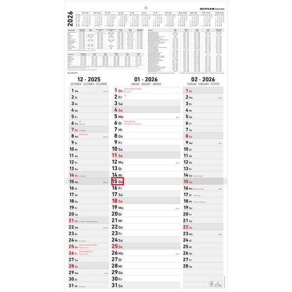 3-Monatskalender Streifenplaner 2026 - Büro-Kalender 33x58,8 cm (geöffnet) - mit Datumsschieber - Zettler - 955-0011
