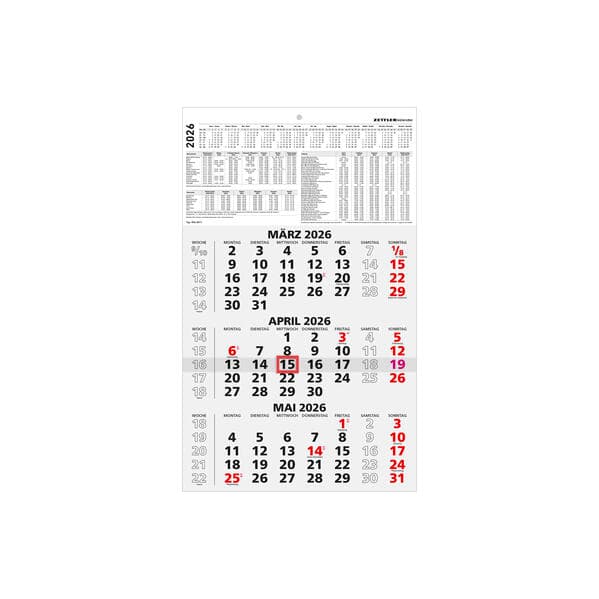 3-Monatskalender schwarz/rot 2026 - 29,7x48,8 - mit Kopftafel - Datumsschieber - 956-0000