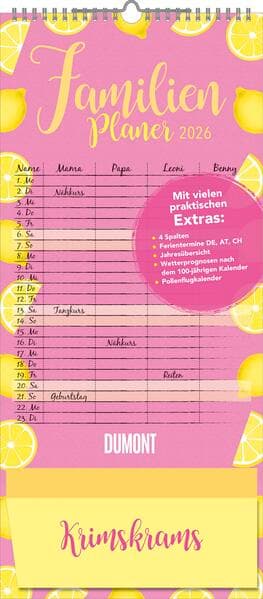 Familienplaner Krimskrams mit Tasche 2026 - 4 Spalten - Familienkalender 22x49 cm - mit Ferienterminen - Stundenplänen - Wandkalender - Wandplaner