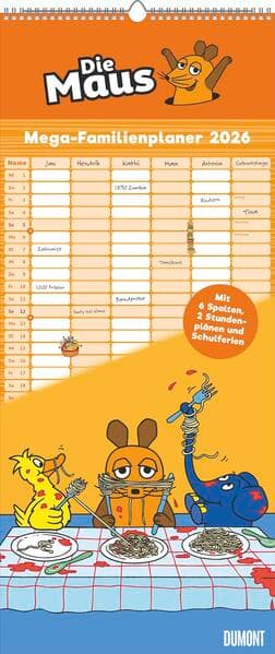 Die Maus 2026 – DUMONT Mega-Familienkalender mit 6 Spalten – Familienplaner mit 2 Stundenplänen und Ferientabelle – Hochformat 30,0 x 70,0 cm