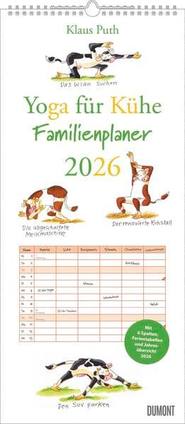Yoga für Kühe Familienplaner 2026 – Wandkalender – Familien-Kalender mit 6 Spalten – Format 22 x 49,5 cm