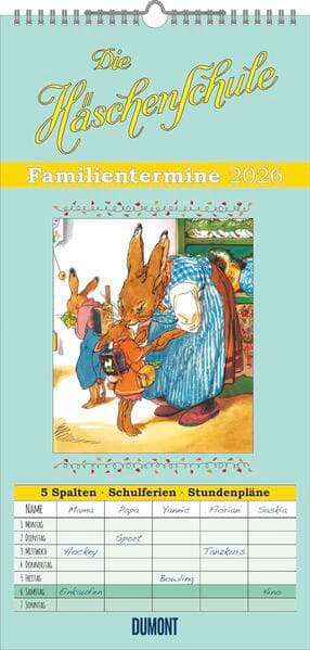 DUMONT - Familienplaner Häschenschule 2026 – Familienkalender 22x45 cm – Wandplaner mit 5 Spalten & Ferienterminen, nostalgische Illustrationen