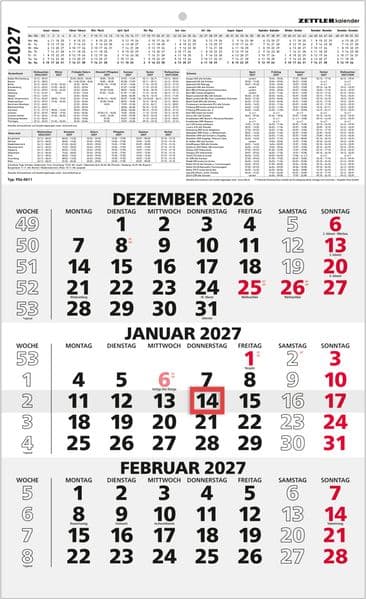 3-Monatskalender schwarz/rot 2027