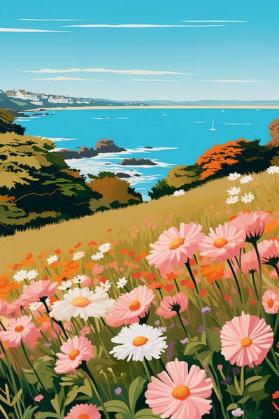 VE Gärten von Cornwall Klappkarte Motiv Margeritenfeld an der Küste 5 Ex