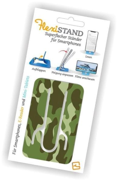 Flexistand (Camouflage) - flexibler Handyaufsteller - für alle Handys und Mini-Tablets - superflach - stufenlos verstellbar - hochkant und quer - passt in jede Hosentasche