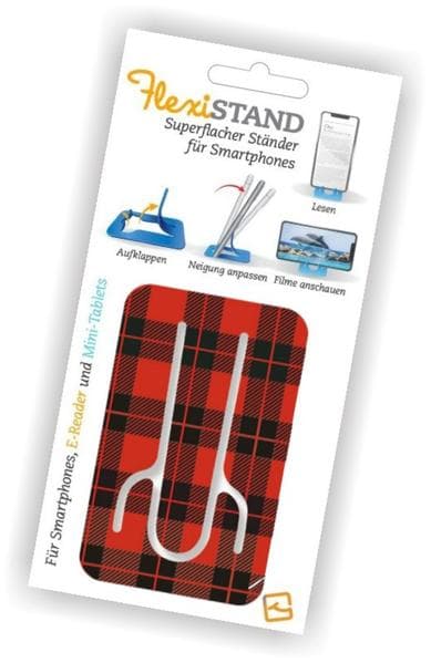 Flexistand (Red Tartan - Schottenkaro) - flexibler Handyaufsteller - für alle Handys und Mini-Tablets - superflach - stufenlos verstellbar - hochkant und quer - passt in jede Hosentasche