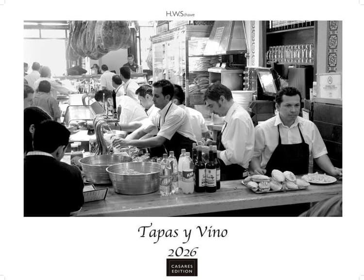 Tapas y Vino Kalender 2026 - Wandkalender | Fotokalender Spanien 42x55 cm- Fotokunstkalender schwarz-weiss mit Motiven aus Spanischen Bars