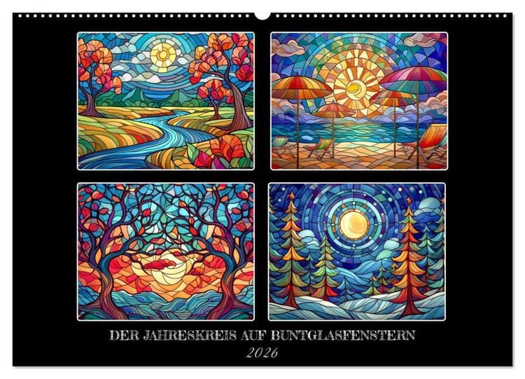 Der Jahreskreis auf Buntglasfenstern (Wandkalender 2026 DIN A2 quer), CALVENDO Monatskalender