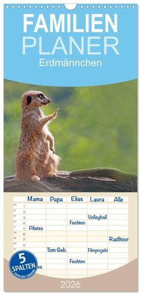 Familienplaner 2026 - Erdmännchen mit 5 Spalten (Wandkalender, 21 x 45 cm) CALVENDO