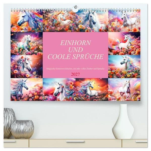 Einhorn und coole Sprüche (hochwertiger Premium Wandkalender 2027 DIN A2 quer), Kunstdruck in Hochglanz