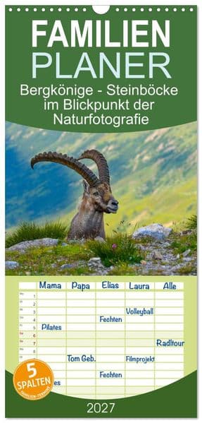 Familienplaner 2027 - Bergkönige - Steinböcke im Blickpunkt der Naturfotografie mit 5 Spalten (Wandkalender, 21 x 45 cm) CALVENDO