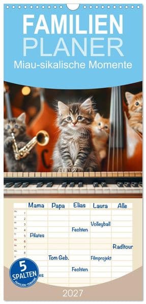 Familienplaner 2027 - Miau-sikalische Momente mit 5 Spalten (Wandkalender, 21 x 45 cm) CALVENDO