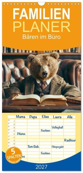 Familienplaner 2027 - Bären im Büro mit 5 Spalten (Wandkalender, 21 x 45 cm) CALVENDO