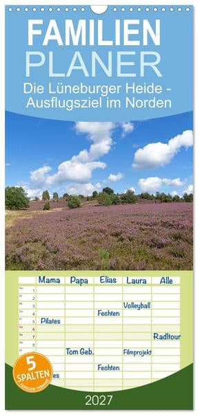 Familienplaner 2027 - Die Lüneburger Heide - Ausflugsziel im Norden mit 5 Spalten (Wandkalender, 21 x 45 cm) CALVENDO