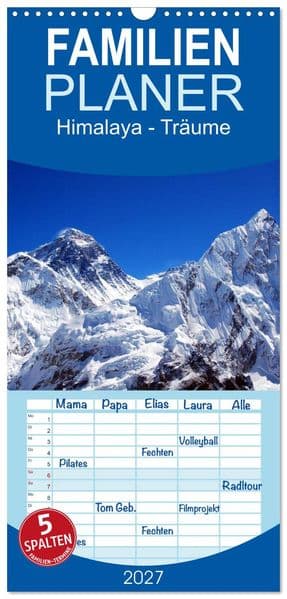 Familienplaner 2027 - Himalaya - Träume mit 5 Spalten (Wandkalender, 21 x 45 cm) CALVENDO