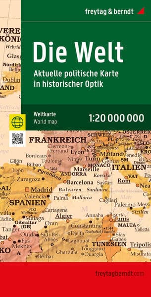 freytag & berndt Poster Weltkarte: Aktuelle Karte in historischem Stil, metallbestäbt 1:20 Mio