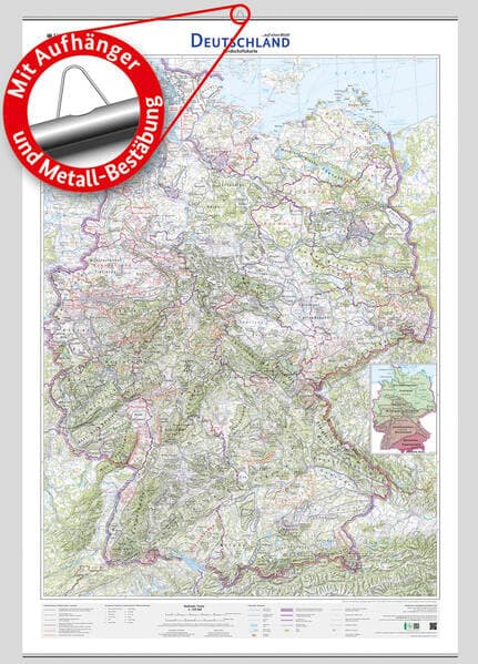 Deutschland auf einen Blick! Landschaftskarte 1:750 000 mit Aufhänger und Metall-Bestäbung