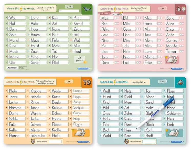 Meine Blitzlesekarten Set 1 zur Leseförderung (4 Lerntafeln mit Stift)