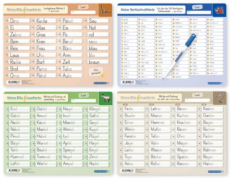 Meine Blitzlesekarten Set 2 zur Leseförderung (4 Lerntafeln mit Stift)