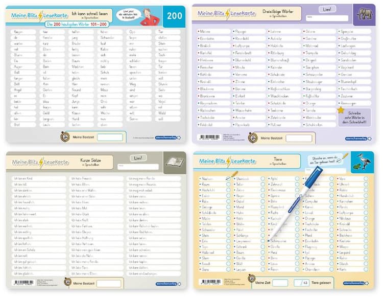 Meine Blitzlesekarten Set 4 zur Leseförderung (4 Lerntafeln mit Stift)