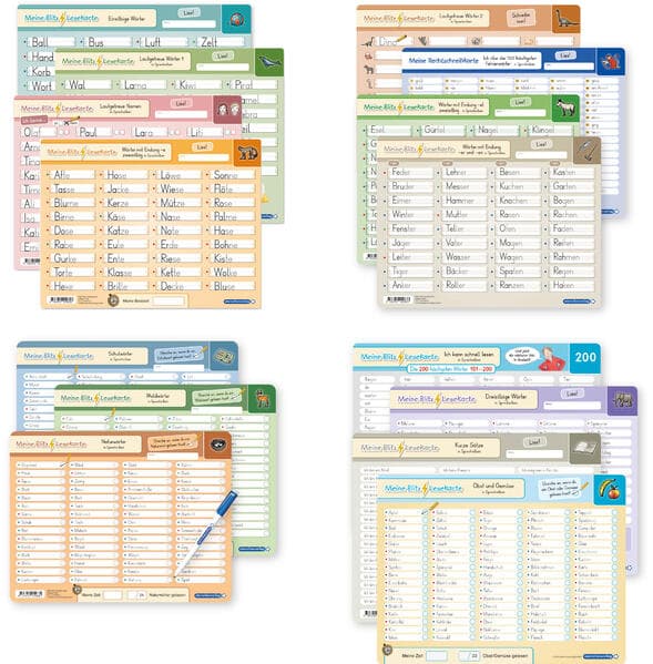 Meine Blitzlesekarten Set 1-4 zur Leseförderung (15 Lerntafeln mit Stift)