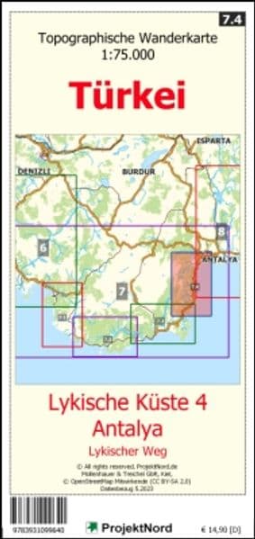Lykische Küste 4 - Antalya - Lykischer Weg - Topographische Wanderkarte 1:75.000 Türkei (Blatt 7.4)