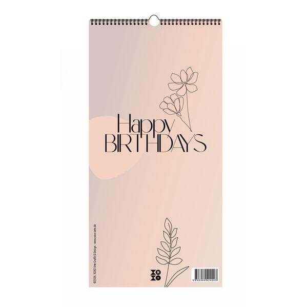 Immerwährender Geburtstagskalender "Happy Birthdays" ohne Jahreszahl. Florale Lineart in Bohofarben