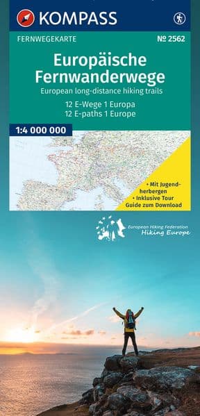 KOMPASS Fernwegekarte Europäische Fernwanderwege, 12 E-Wege - 1 Kontinent 1:4 Mio
