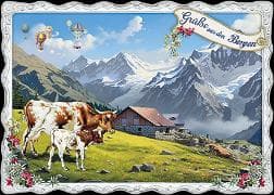 Postkarte. Auguri by Barbara Behr / Grüße aus den Bergen (Kühe // quer