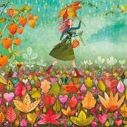 Postkarte / Frau mit Herbstblättern / blanko
