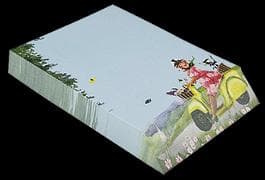 Notizblock - Notizzettel. Schrägschnittblock / Frau auf Motorroller / Hoch / blanko