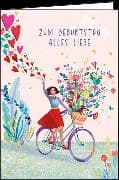 Doppelkarte / Zum Geburtstag (Frau auf Fahrrad) / Hoch