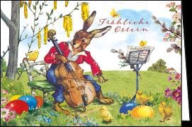 Doppelkarte / Fröhliche Ostern (Musizierender Hase) / Quer