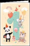 Doppelkarte / 1. Geburtstag (Tiere) / Hoch / blanko