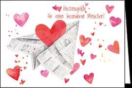 Doppelkarte / Herzensgrüße (Papierflieger mit Herzen) / Quer